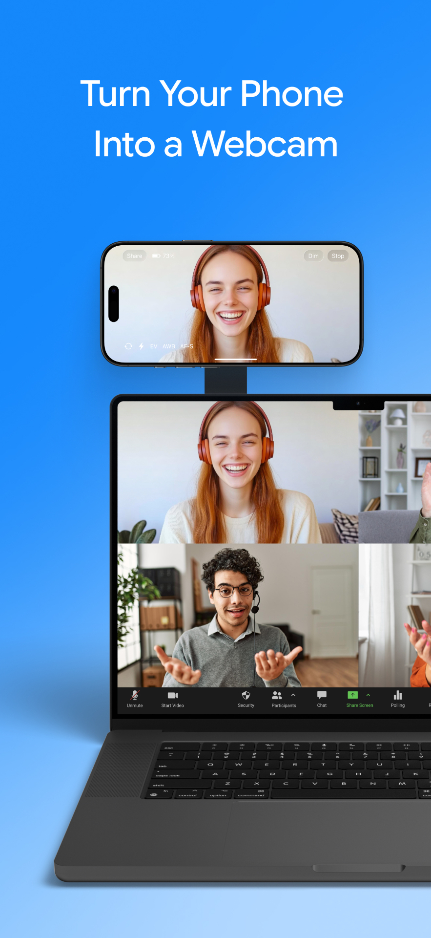 DroidCam turning a phone into a webcam for a laptop video call